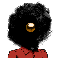 headshot of hatchet2, a person wearing a red button up shirt. their head is a black blob of smoke with a golden orb in the middle