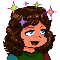 headshot of maddy, a girl with brown shoulder length bushy hair and blue eyes, wearing a green sweater with one blue sleeve and one red sleeve, with her mouth open and little stars above her head