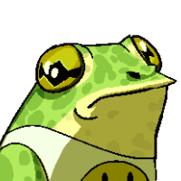 headshot of thyme, a greem frog person wearing a white tank top with a yellow smiley face on it