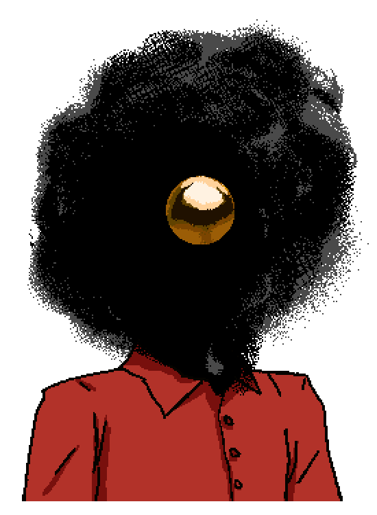 black smoke for a head with a gold orb inside wearing a red button up shirt