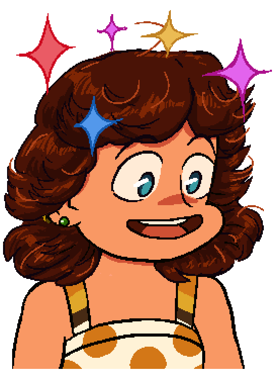 person with large blue eyes and brown bushy shoulder length hair wearing a white top with straps and yellow polkadots and green stud earrings. there are multicolored stars above xyr head