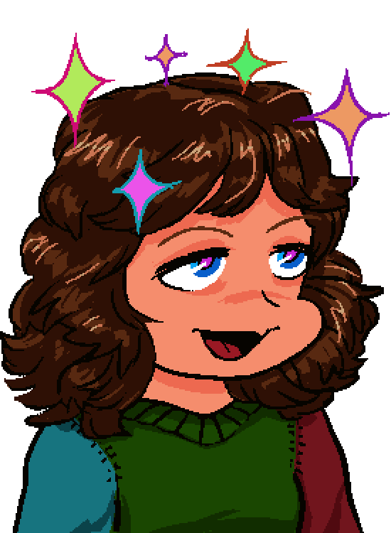 a drawing of a white person with shoulder-length shaggy
brown hair and dark blue half-lidded eyes wearing a dark green
sweater with a dark red left sleeve and blue right sleeve and
sparkles are around her head