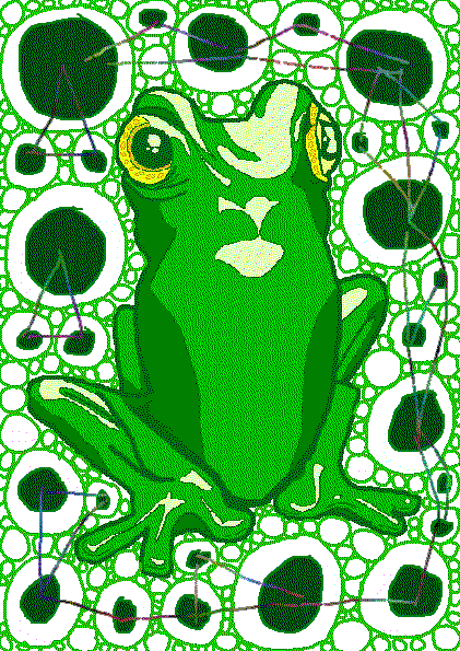 a strange alien frog with no mouth and no arms surrounded by cells that look like eyes connected by colorful lines