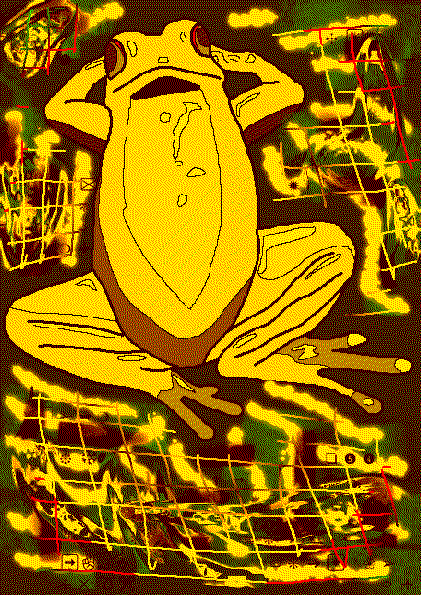 a yellow frog leaning back with its hands behind its head. there are green, red, and yellow squiggles and grids surrounding it
