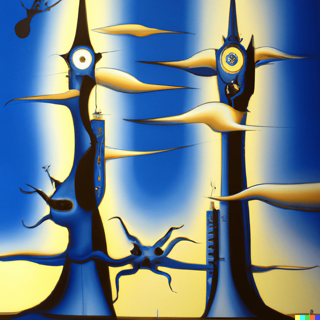 prompt: twin towers at night surrounded by nonsensical creatures by salvador dalĂ