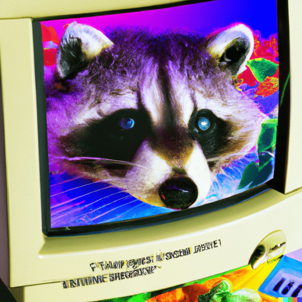 prompt: a 90s video game magazine advertisement of a live raccoon from the retrofuturist zoo inside of a brightly colored desktop computer with a brightly lit screen