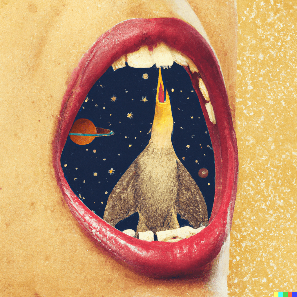 prompt: astronomy illustrations; vintage collage; a bird inside of a human mouth