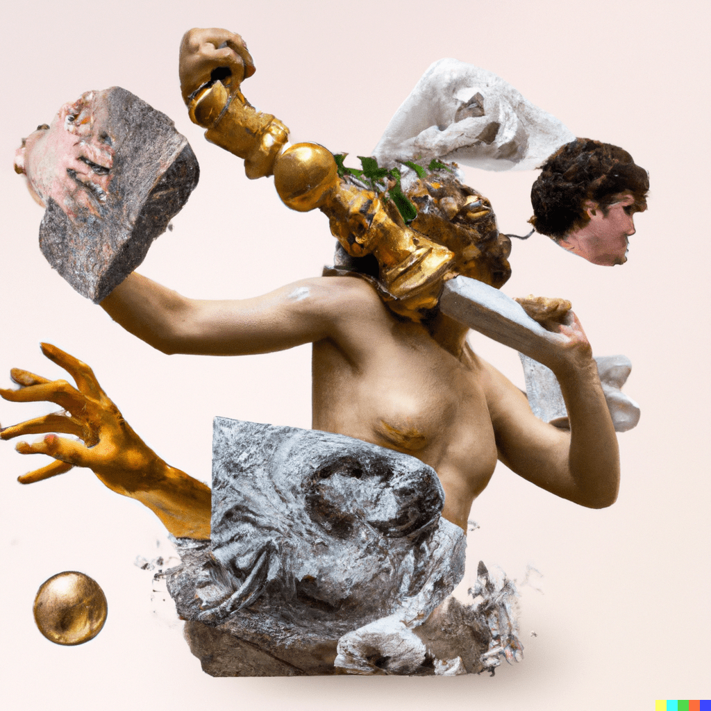 prompt: collage of a surreal statue getting smashed by a marble fist with brass knuckles; ovid's metamorphoses cyclical transformations into a nymph