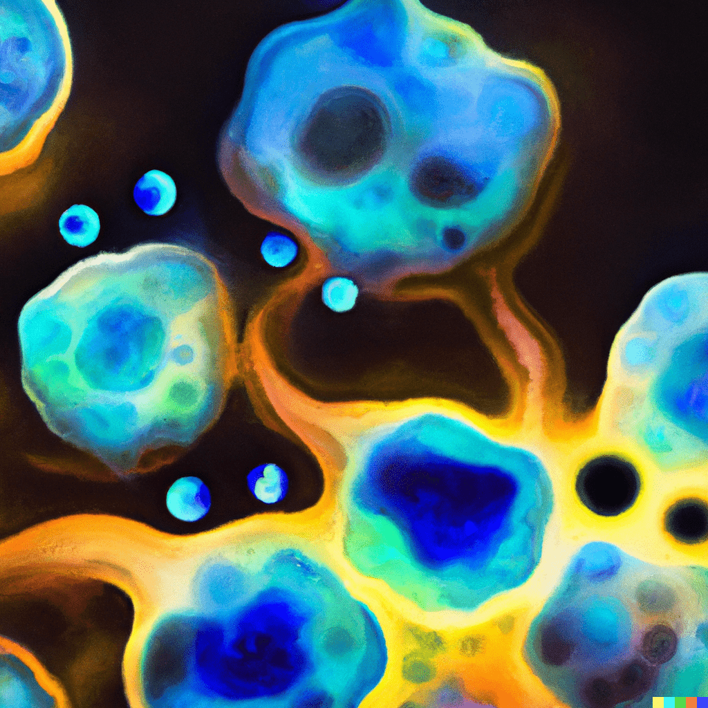 prompt: hyperrealistic liquid cells swollen and glowing watercolor; weird surreal ai art