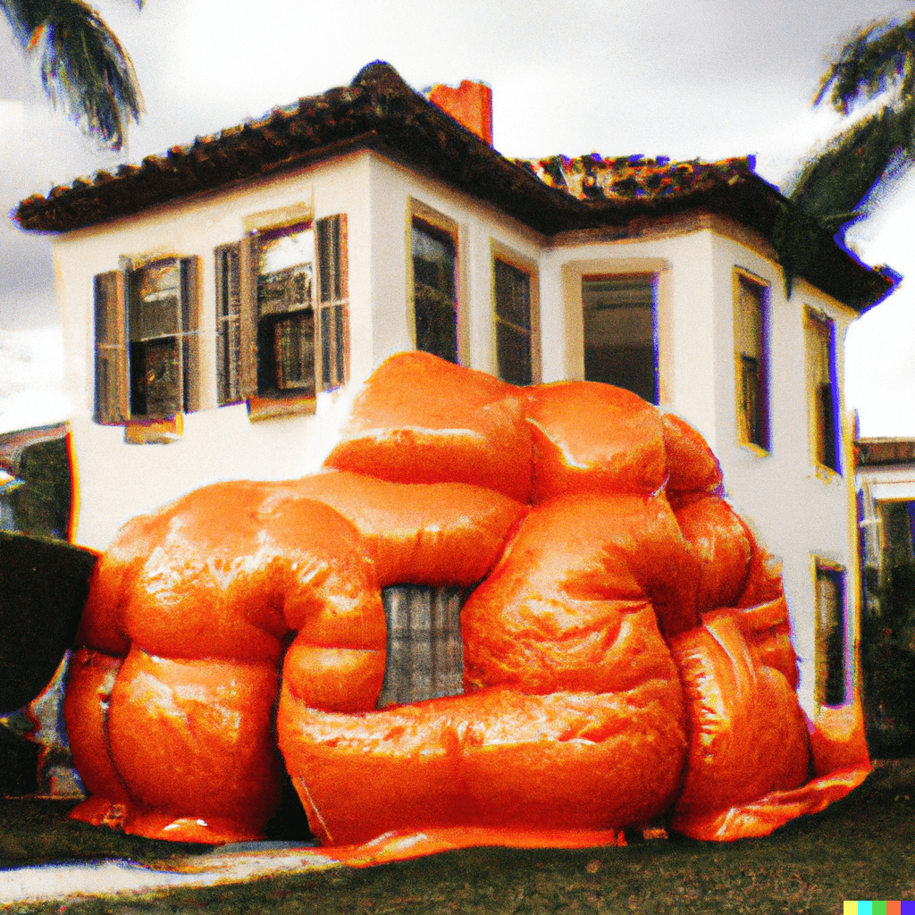 prompt: suburban home covered in lumpy and fruit and rind and juice house squiggly; botero house; melting house photograph