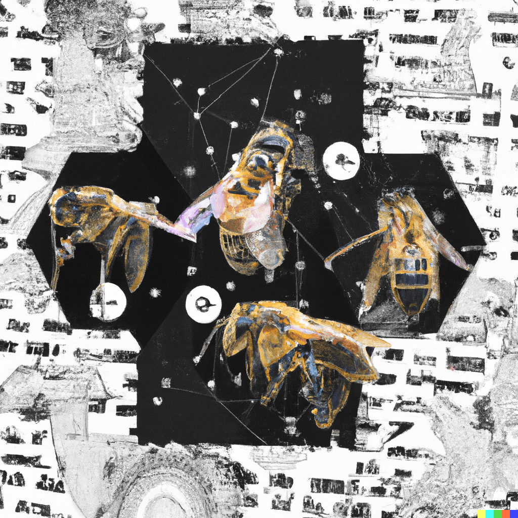 prompt: chaotic bee colony; astrology diagram; newspaper photo of a cryptid; collage; zine cover