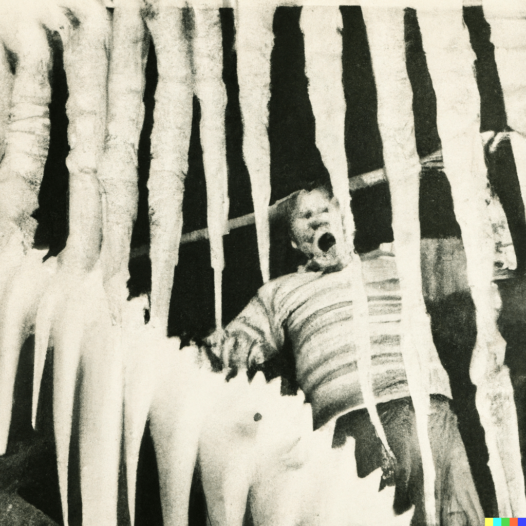 prompt: man being eaten by a giant loom with teeth made of icicles; vintage photography