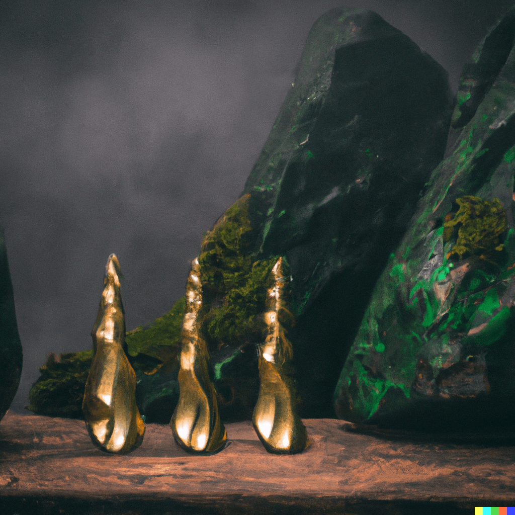 prompt: misty forest of douglas firs made of gold metal and jade stone