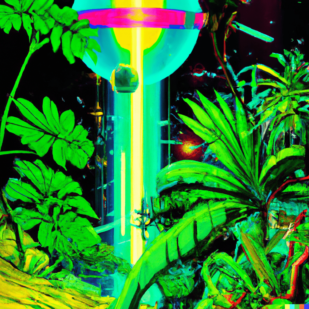 prompt: (variation on another generation) retrofuturist art; vintage science fiction alien abduction in a lush jungle; colorful, exciting
