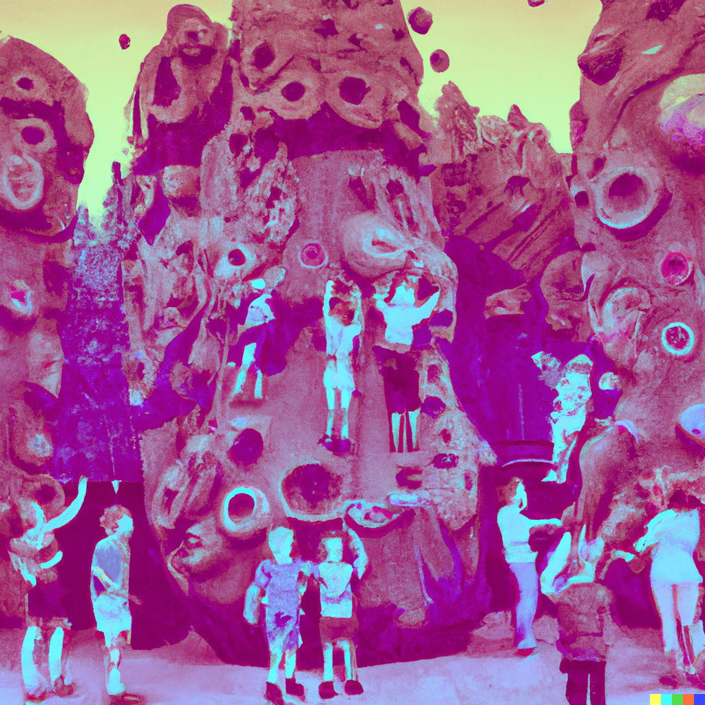 prompt: psychedelic 1960s trippy rock wall climbing walls at the quaint theme park in front of a huge crowd; family photo ; grand