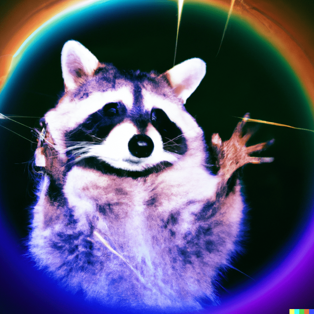 prompt: groovy psychedelic aura photography; raccoon wearing kindergarten uniform does a magic spell; magical, enchanting