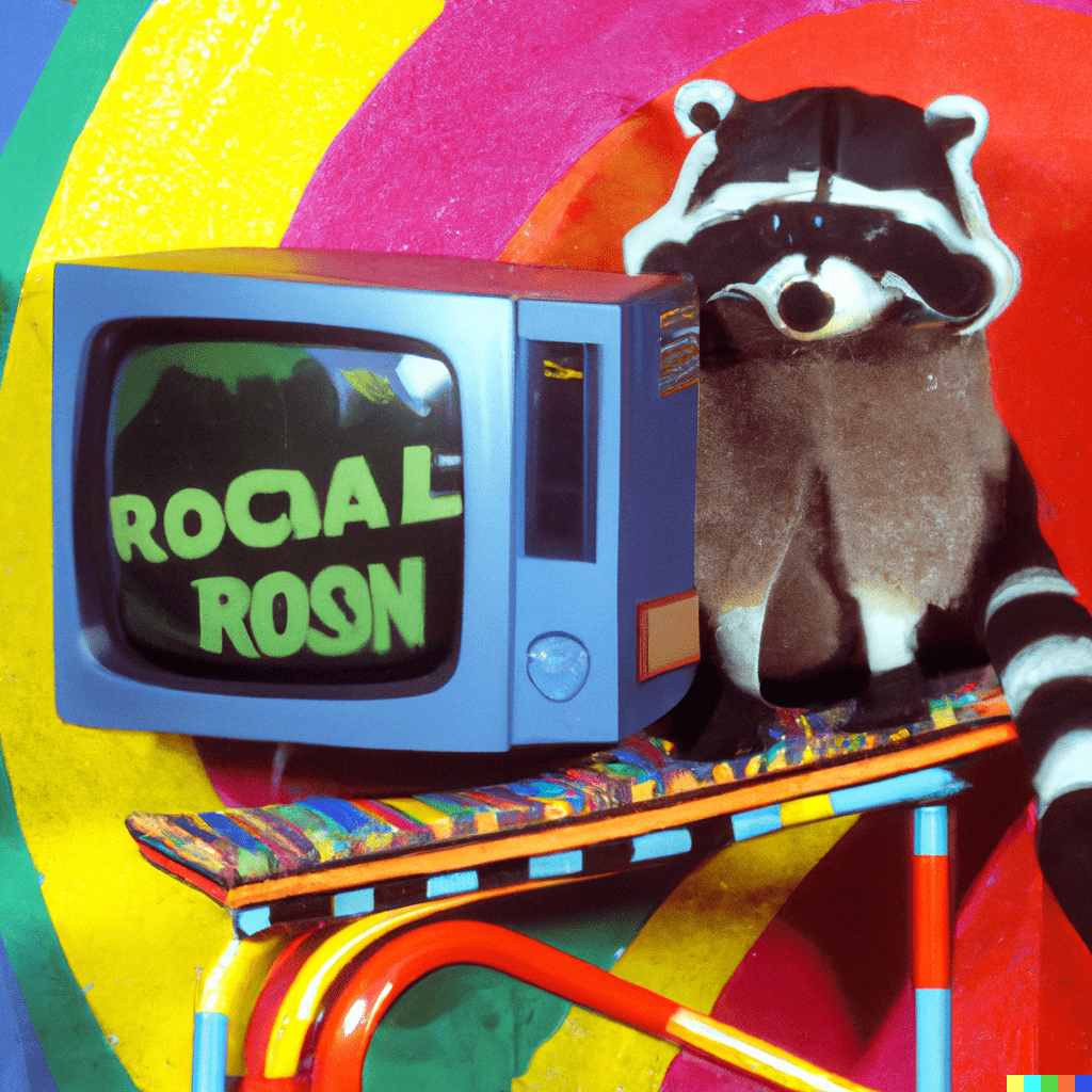 prompt: still image of a 90s colorful theme park roller coaster advertisement with a raccoon mascot on an old tv