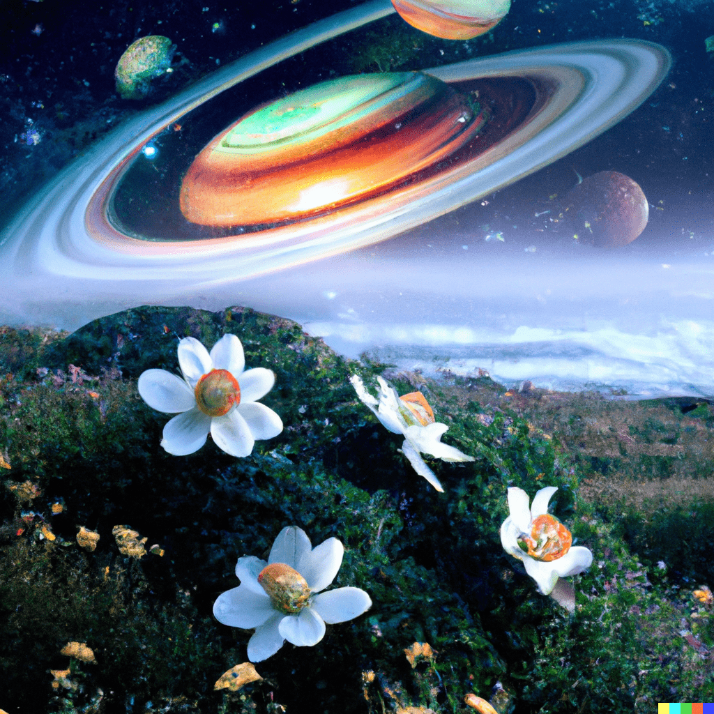 prompt: digital collage of an alien planet with fields of flowers and a bright starry sky