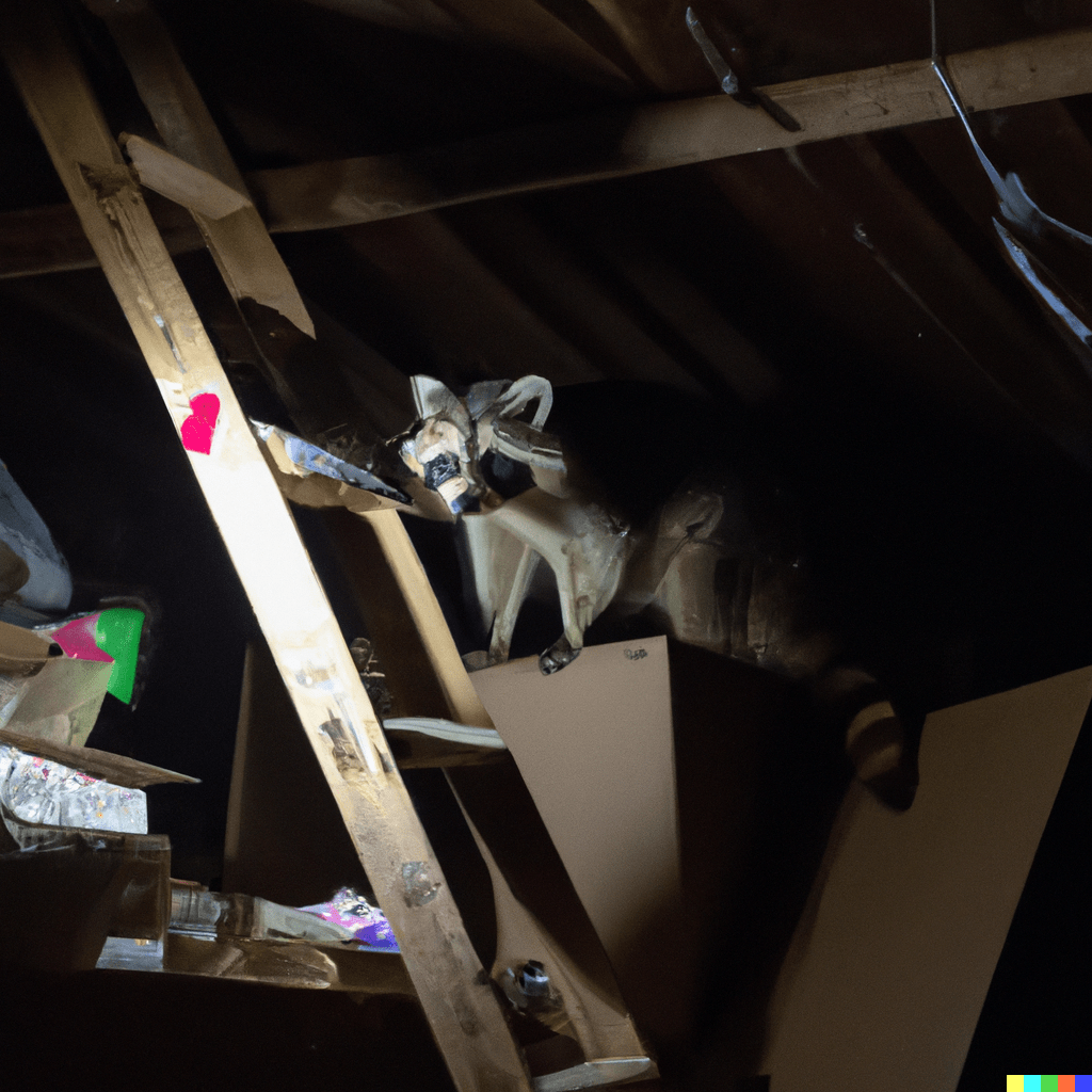 prompt: night picture of a raccoon in the dark of an upstairs attic with boxes of junk everywhere lit by a flashlight