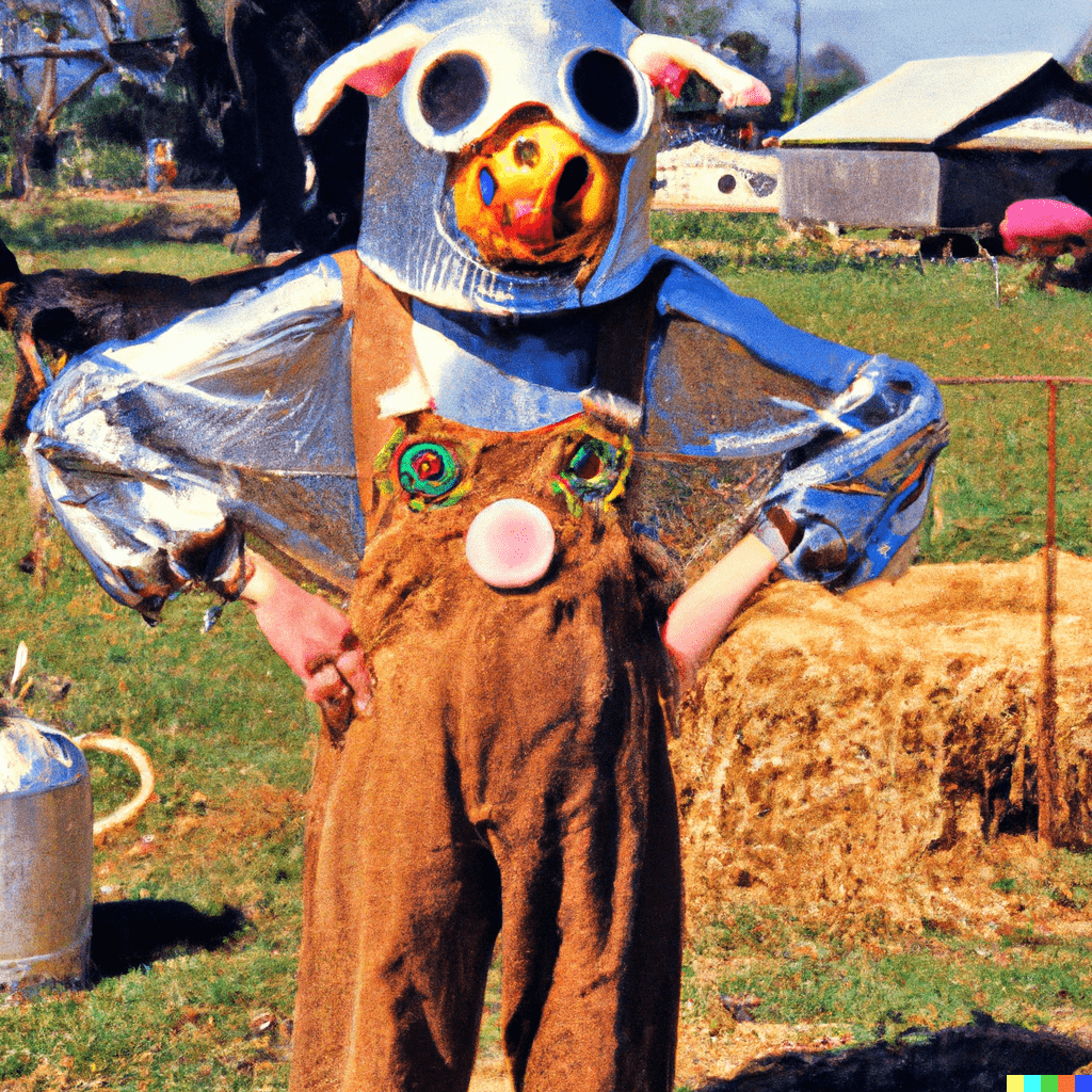 prompt: a vintage photograph of elaborate handmade science fiction costume at a farmyard costume party