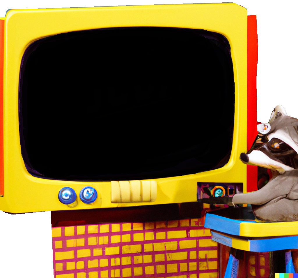 an ai generated image of a tv with a raccoon next to it