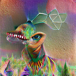 a stegosaurus head with big anime eyes and geometric rainbow patterns