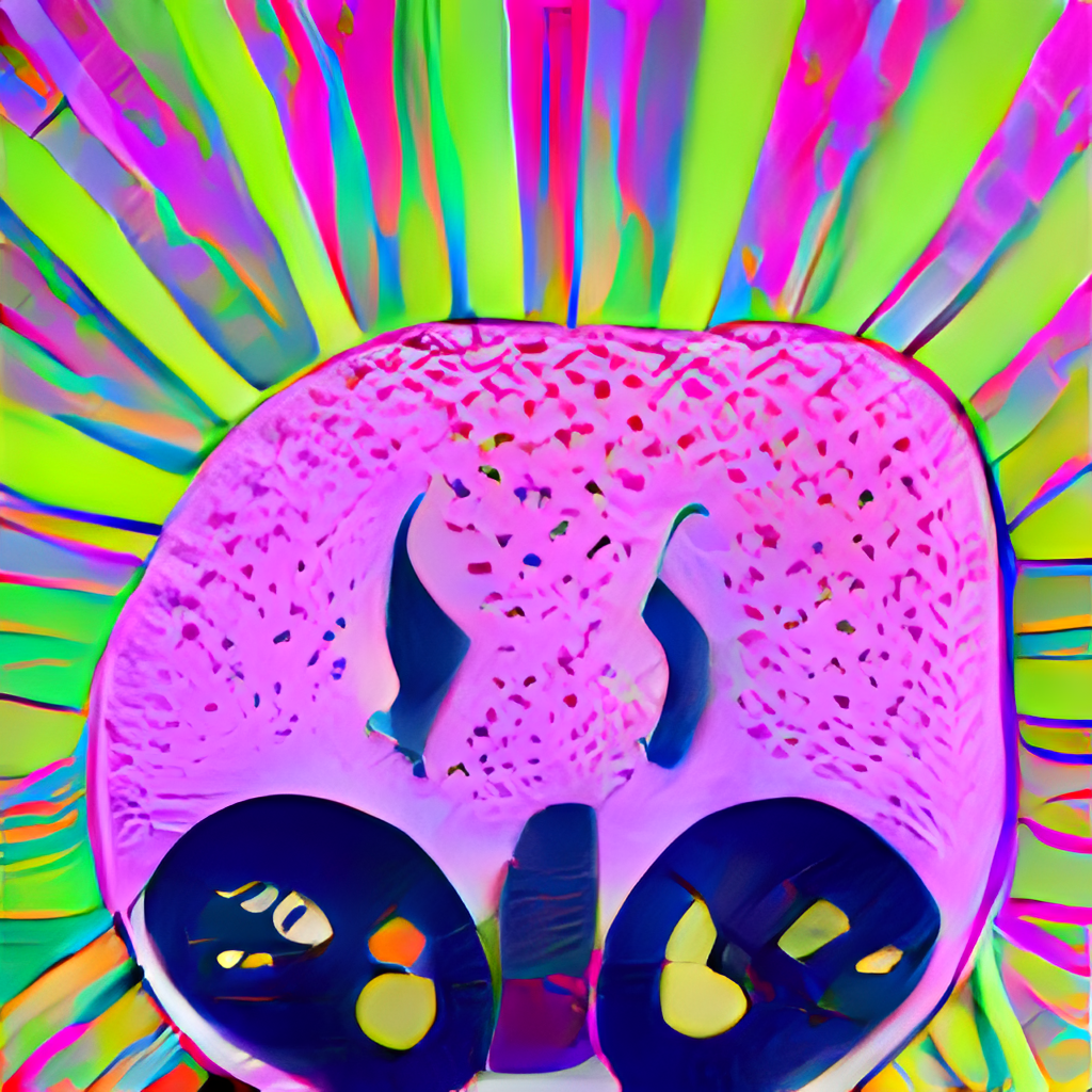 a large pink headed creature with large eyes and radiating colors