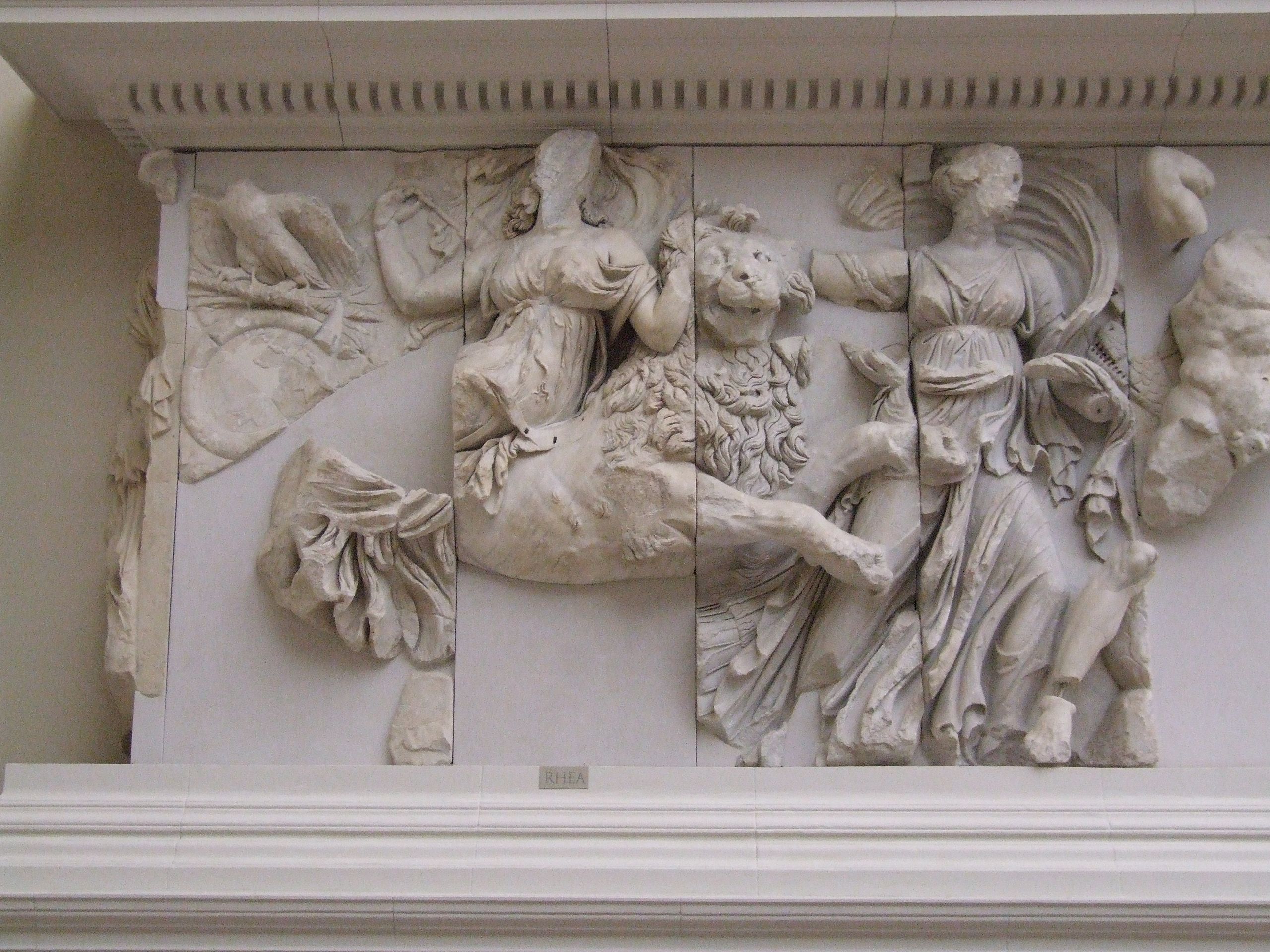 an ai generated image of a classical marble relief featuring creatures and humans