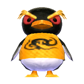 a macaroni penguin with red sclera wearing a yellow tshirt with a black dragon design