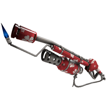 a red flame thrower with a white flower pattern