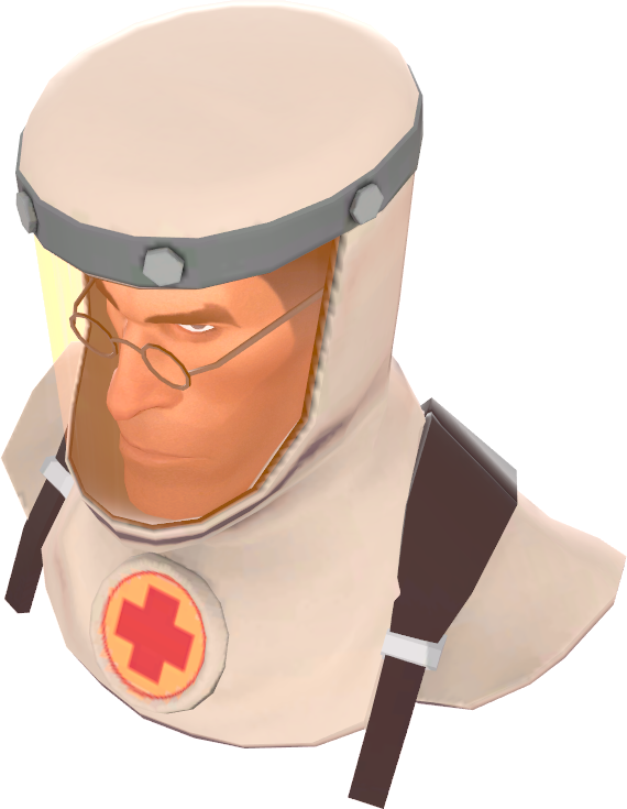 hazmat helmet with a shiny, gold-colored visor that covers the medic's entire head