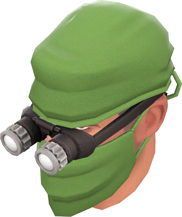 green surgical mask and cap with microscopic goggles