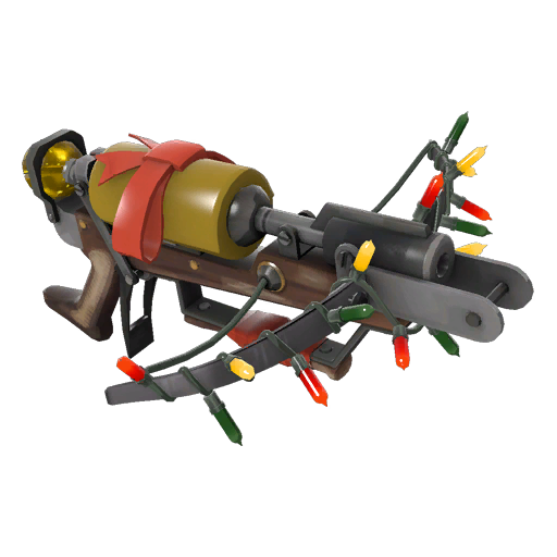 a crossbow with a bell, holiday twinkle lights, and a ribbon