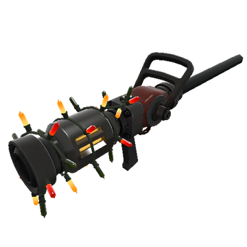 a black and red cylindrical beam emitter with holiday twinkle lights wrapped around it