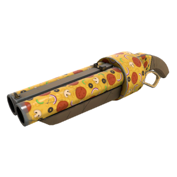 a yellow double barreled hand gun with a pizza topping pattern