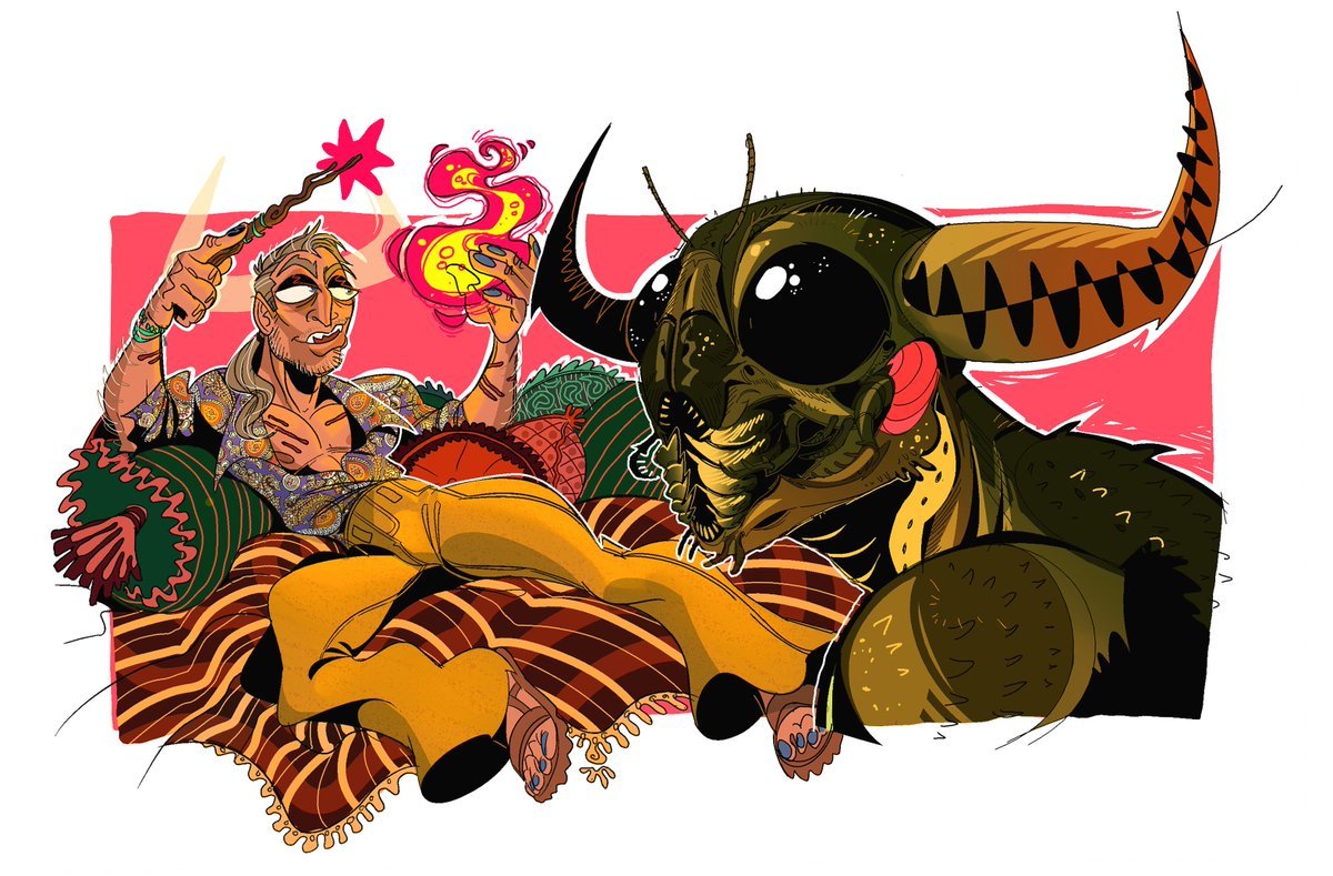 astral lying on a luxurious couch on one side and the other is a weird bug alien with bull horns on the side of its head.