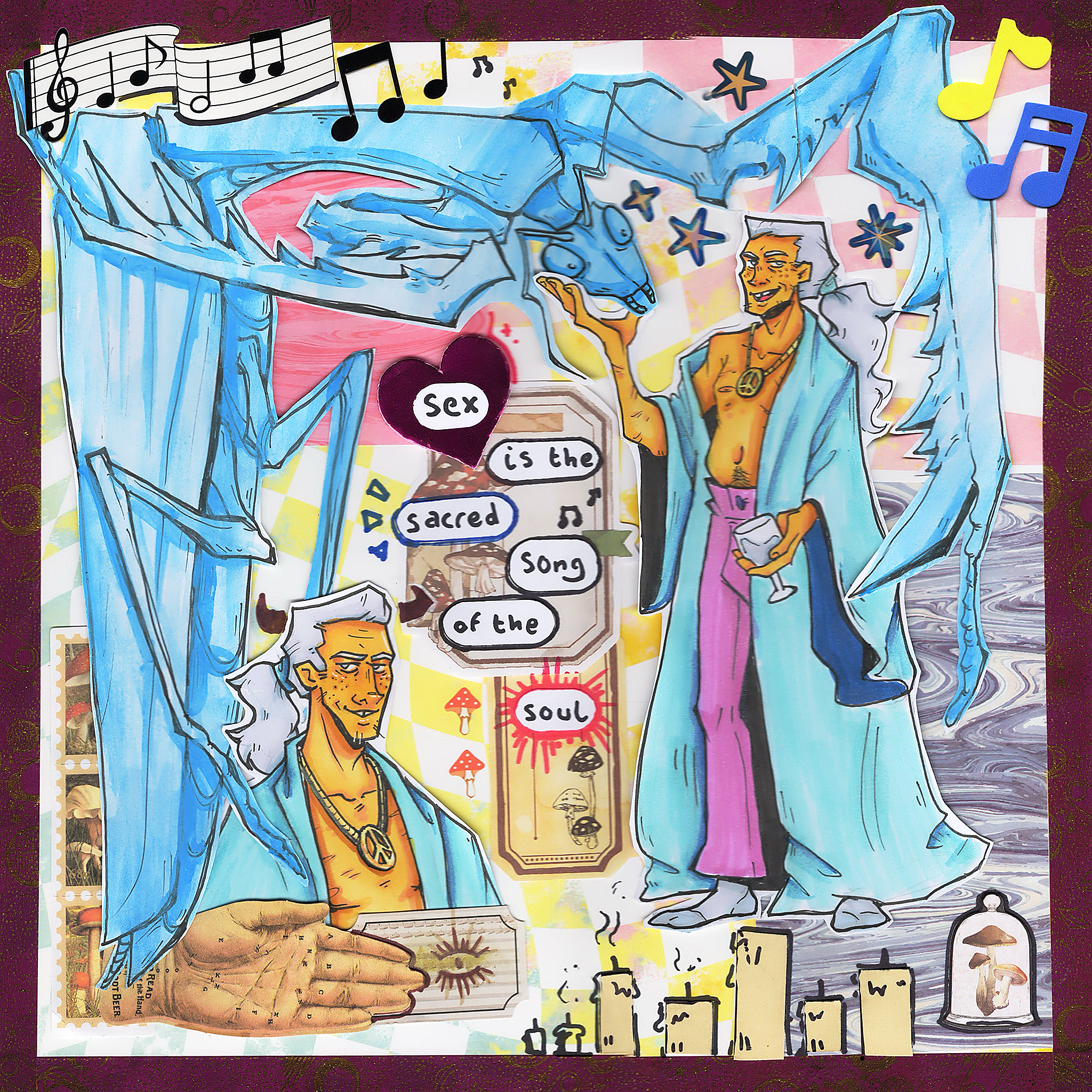 mixed media collage of astral. there's a fullbody portrait of him wearing a blue robe, purple pants, no shirt, and a peace sign necklace. there's a portrait of him in the same outfit with bulls horns. in the fullbody he's holding a wine glass of gray liquid with one hand and holding the head of a huge blue praying mantis that frames one corner in the other. text reads 'sex is the sacred song of the soul'. there are mushrooms and music notes and candle and palm reading hand map motifs