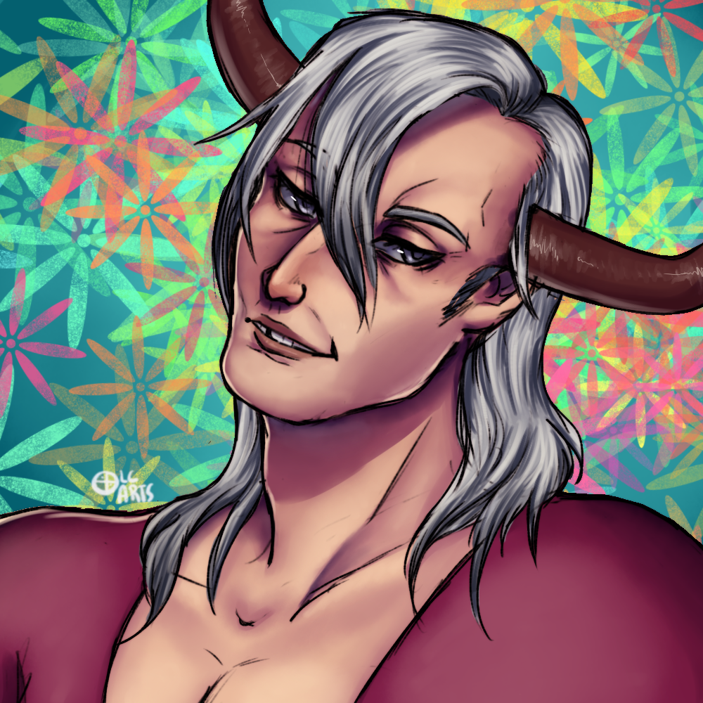 portrait of astral looking sultry with big bull horns and a psychedelic star pattern