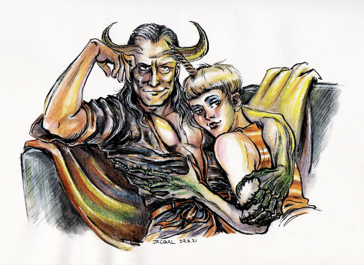 astral with his arm draped around teresa, lying on his chest, as they sit on a couch and look at you. she has a unicorn horn and he has bull horns.