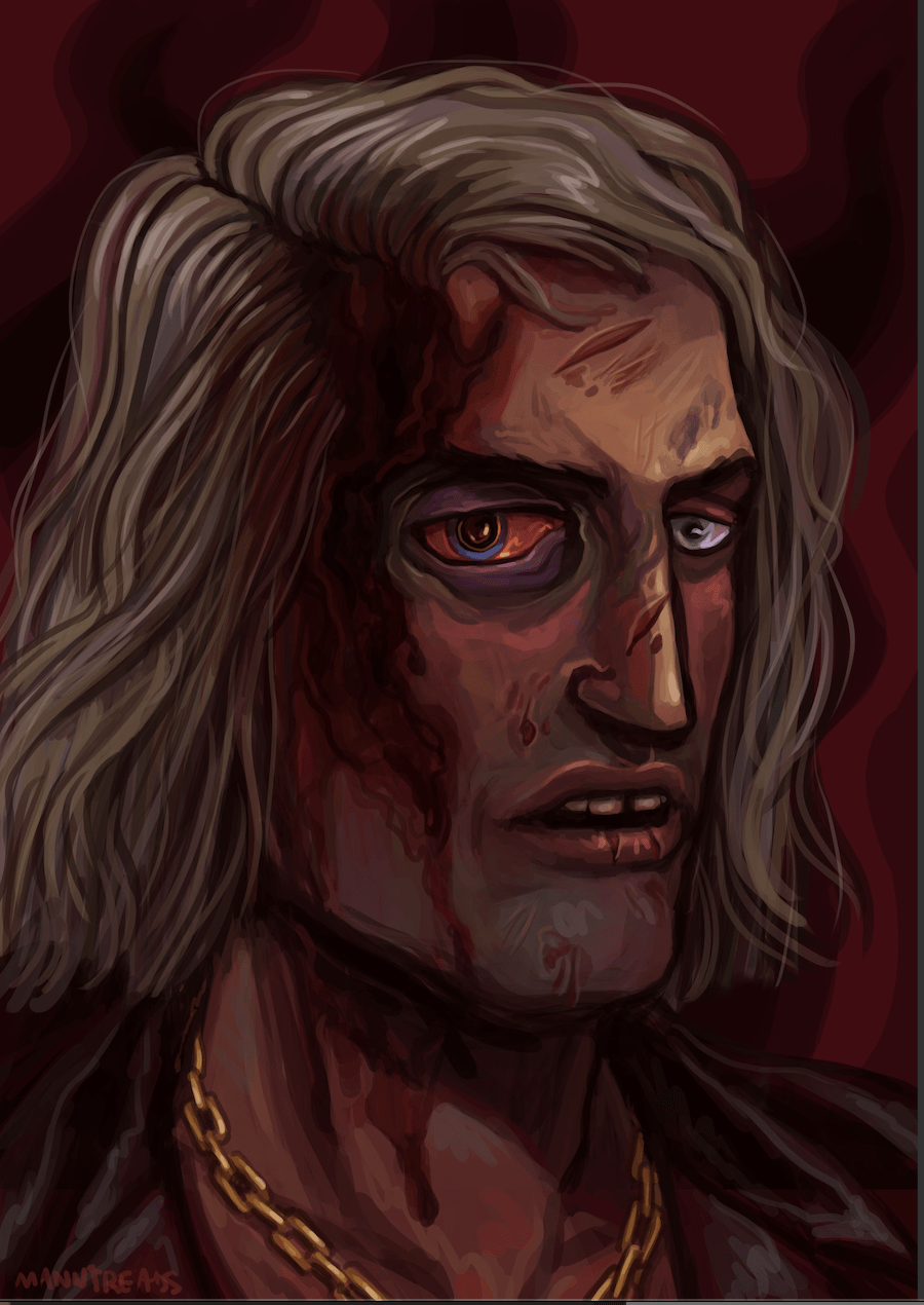 astral's face all busted up and scarred. he's wearing a jacket and a gold chain. his right eye is swollen and bloody and there's a sound on the side of his head.