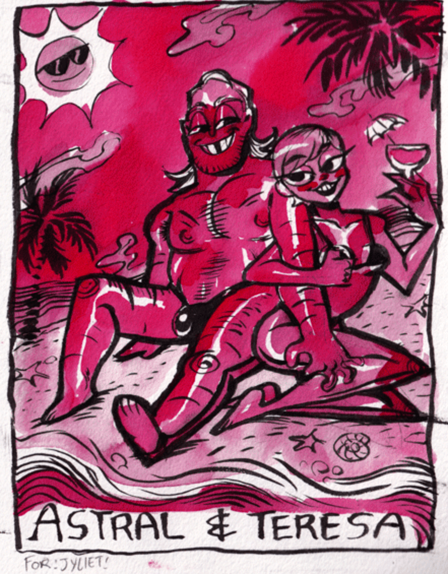 astral and teresa lying on the beach, him in a tight speedo and her in a skimpy lil thing. they're holding each other, teresa has a fancy cocktail, and the sun is beaming down at them.