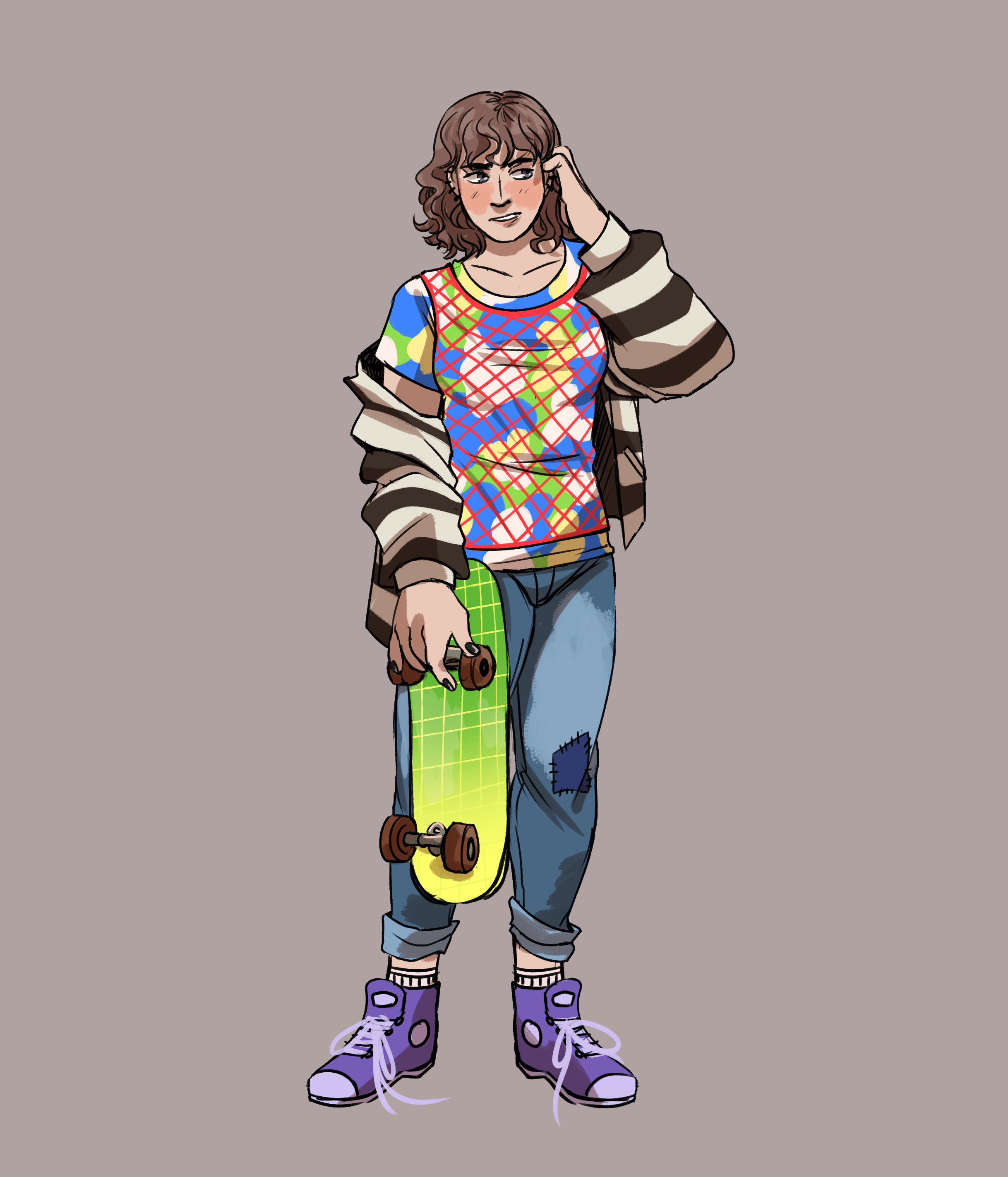 georgie is standing looking embarrassed tucking her hair behind her ear while she holds a skateboard.