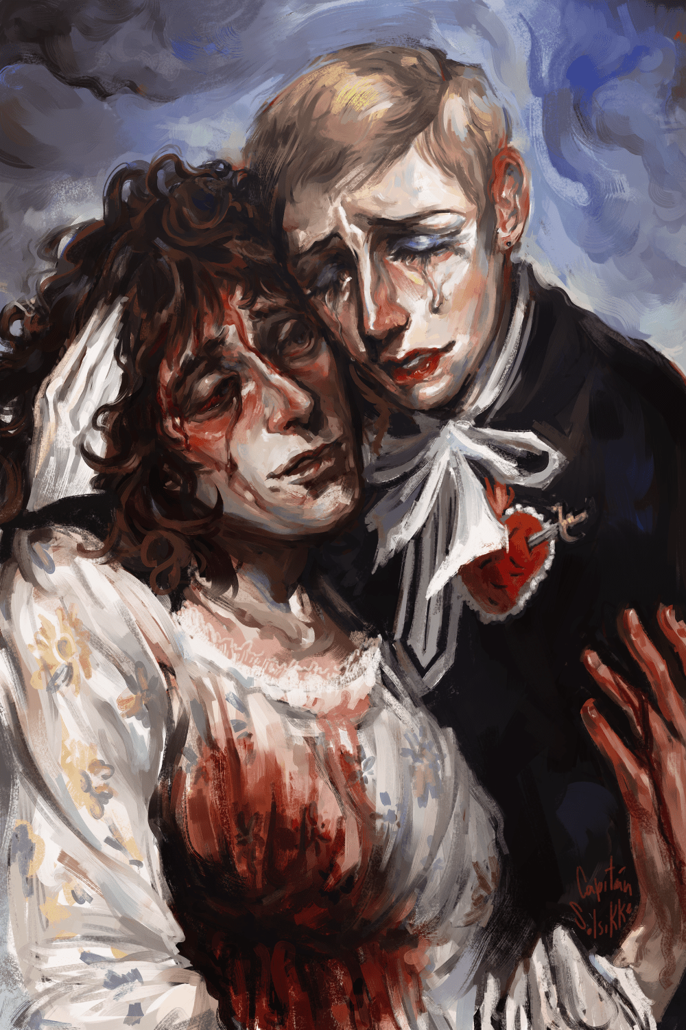 georgie bleeding out from a wound in the chest while teresa cups her and holds her crying