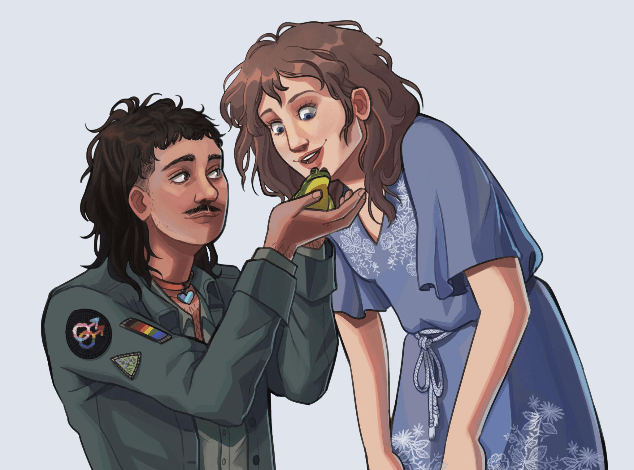 georgie leaning over to look at a frog cupped in mac's hands. she's wearing a pretty blue dress and he's wearing a jacket with a bunch of cool queer pins on it.