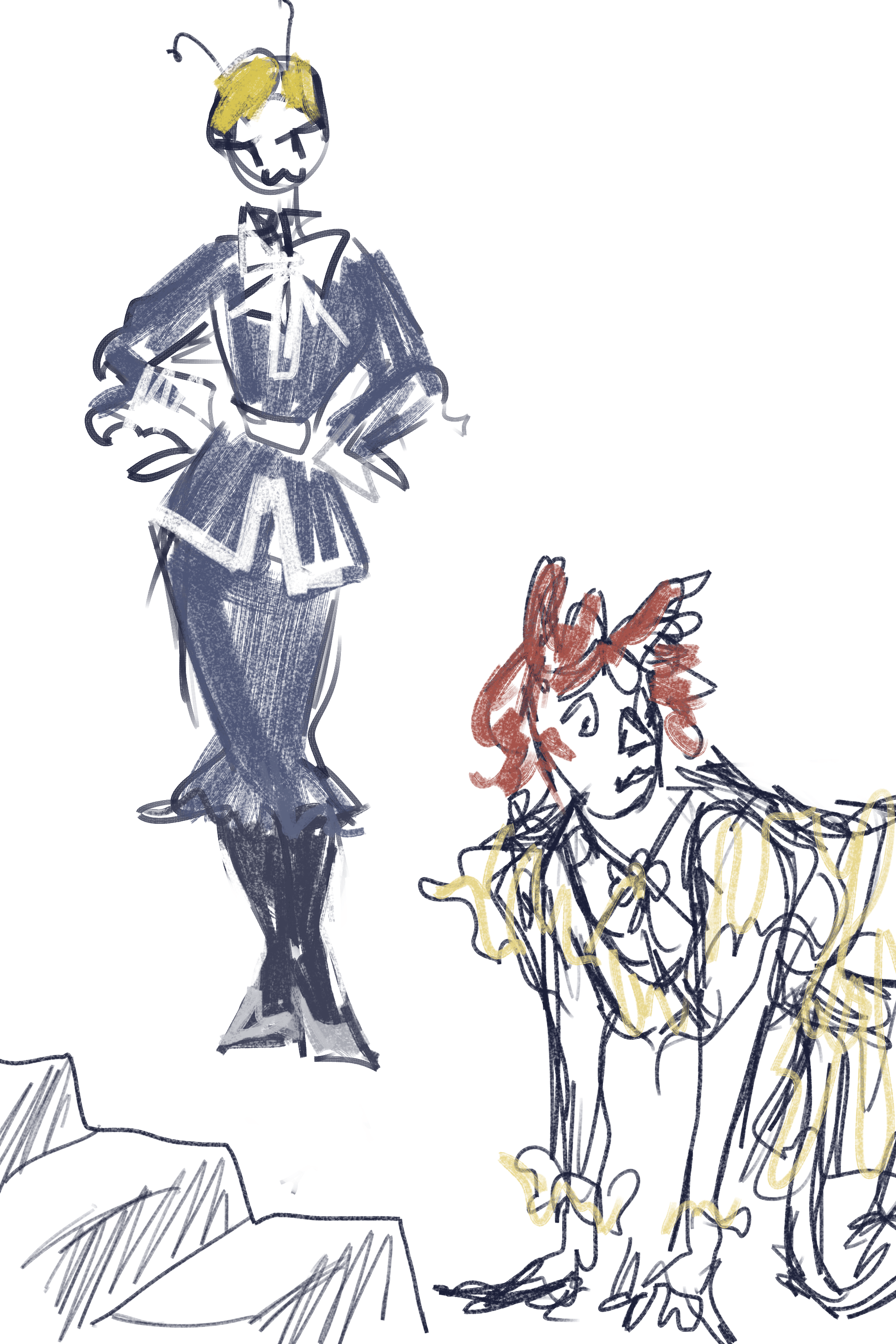 a doodle of georgie on her hands and knees looking around silly, in the background is teresa with antennae wearing a grin a little sailor-y looking outfit