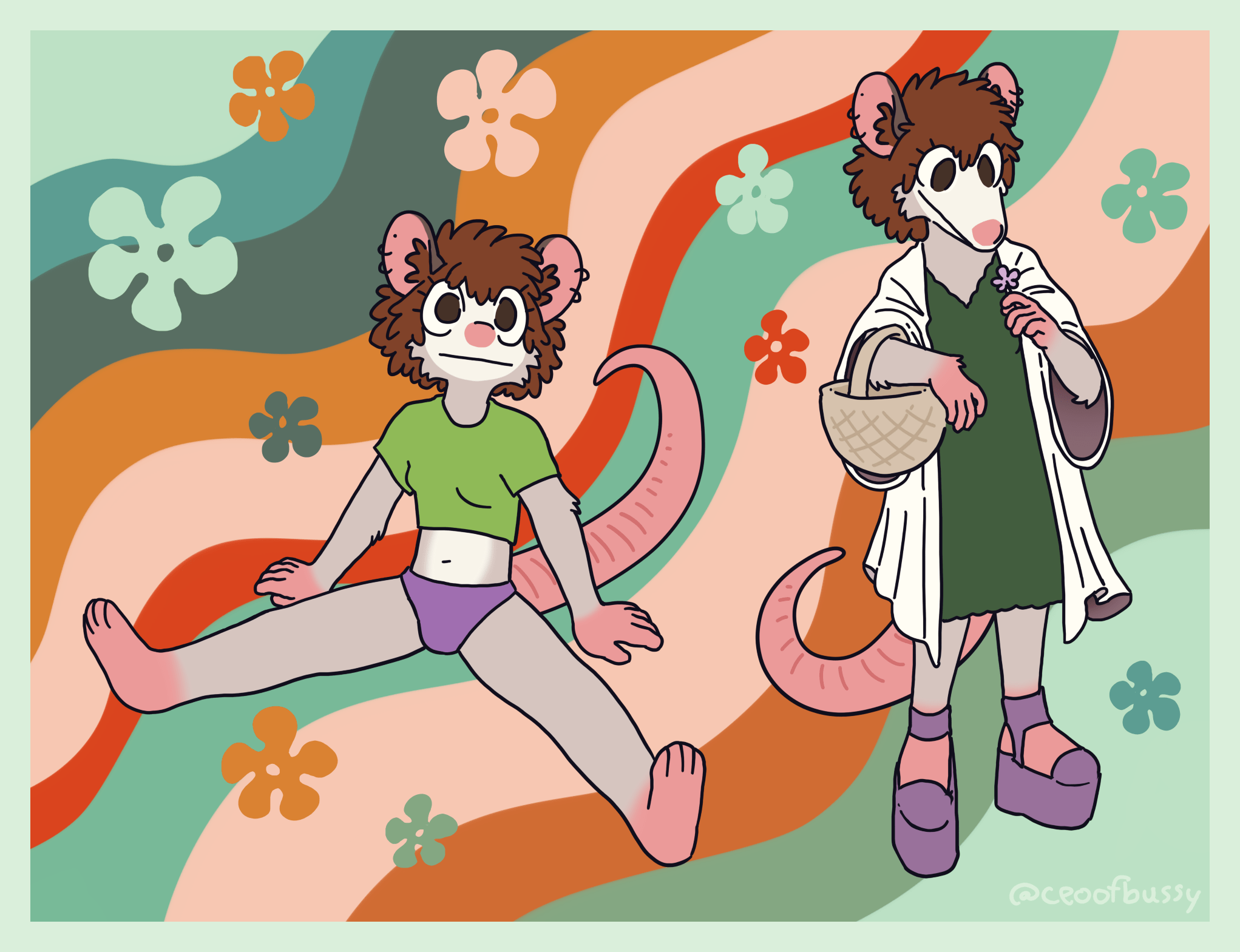 two pictures of a possum girl in front of a psychedelic background. in one, she is wearing underwear and a shirt and a very straight face. the other has her holding a flower up to her nose.