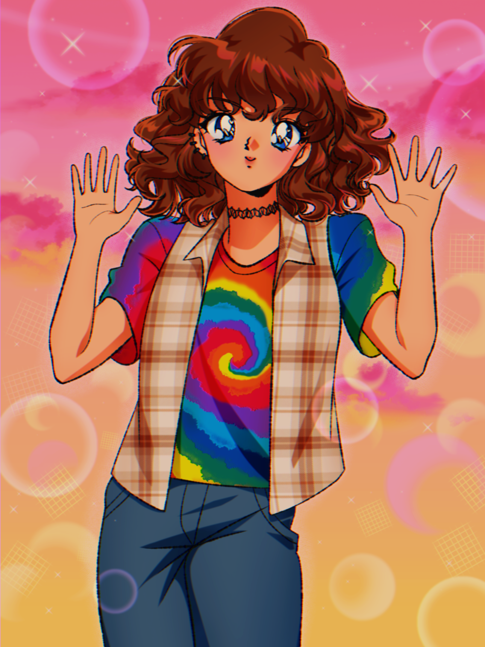 90s anime style halfbody of georgie. she's wearing a tie-dye tshirt, plaid vest, and blue jeans. around her neck is a black 90s plastic choker. she has her hands raised almost as if in surrender