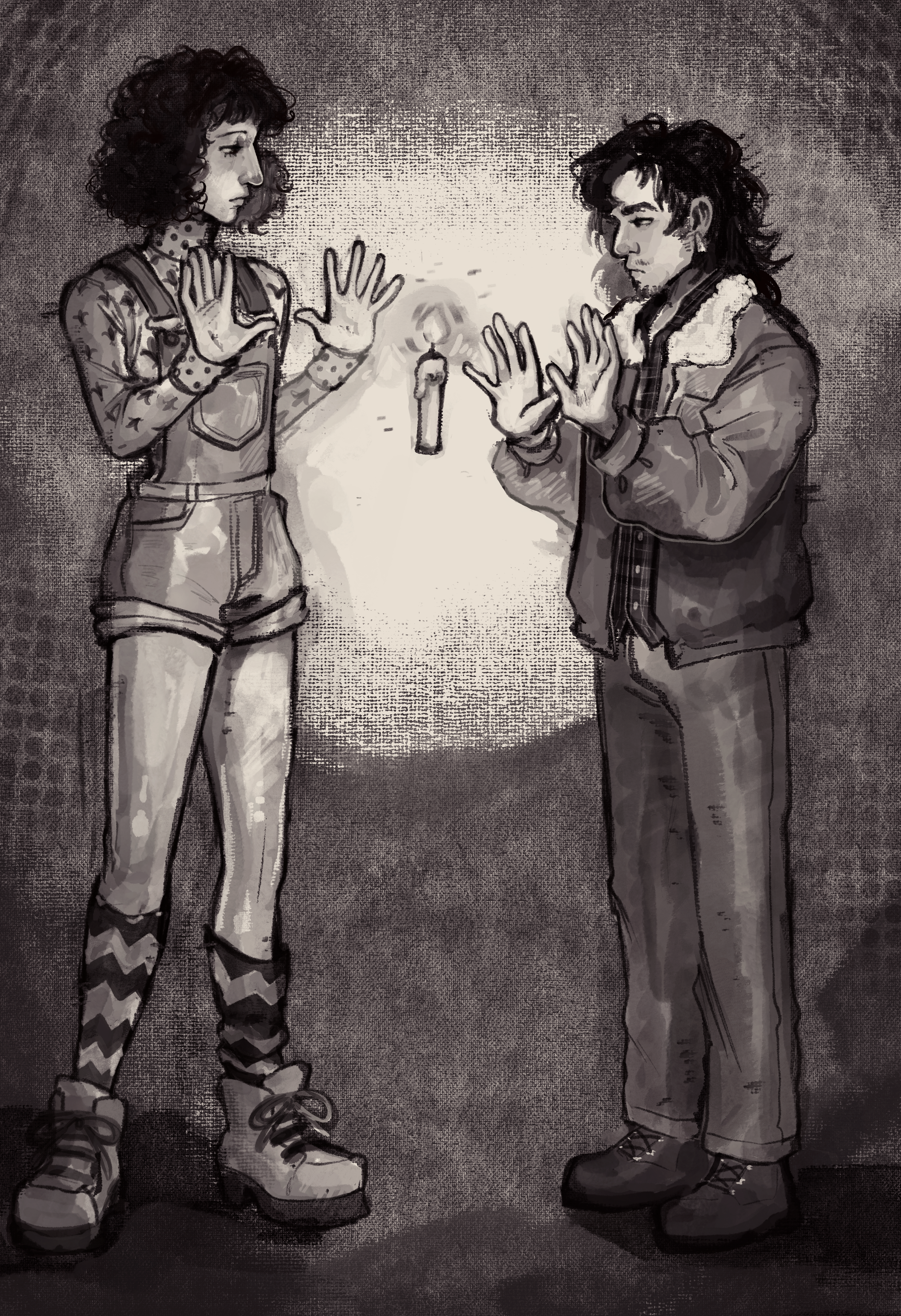 black and white sketch of georgie and mac with their hands held out as they make a candle float in midair