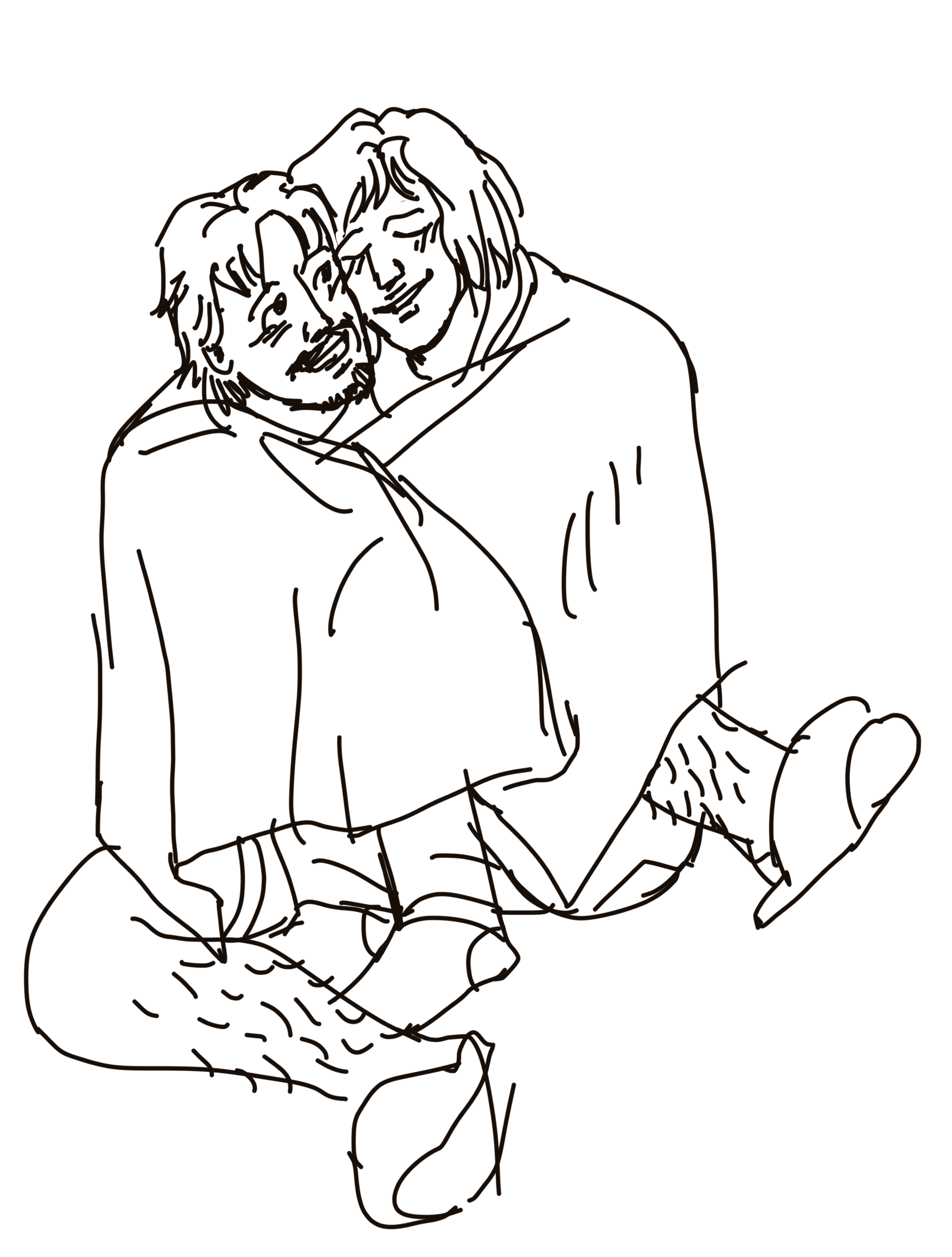 a sketch of mac and georgie sitting down nuzzling while wrapped in a blanket
