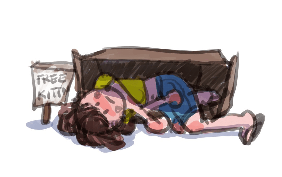 silly doodle of georgie lying down limply in a cardboard box next to a sign that says free kittin